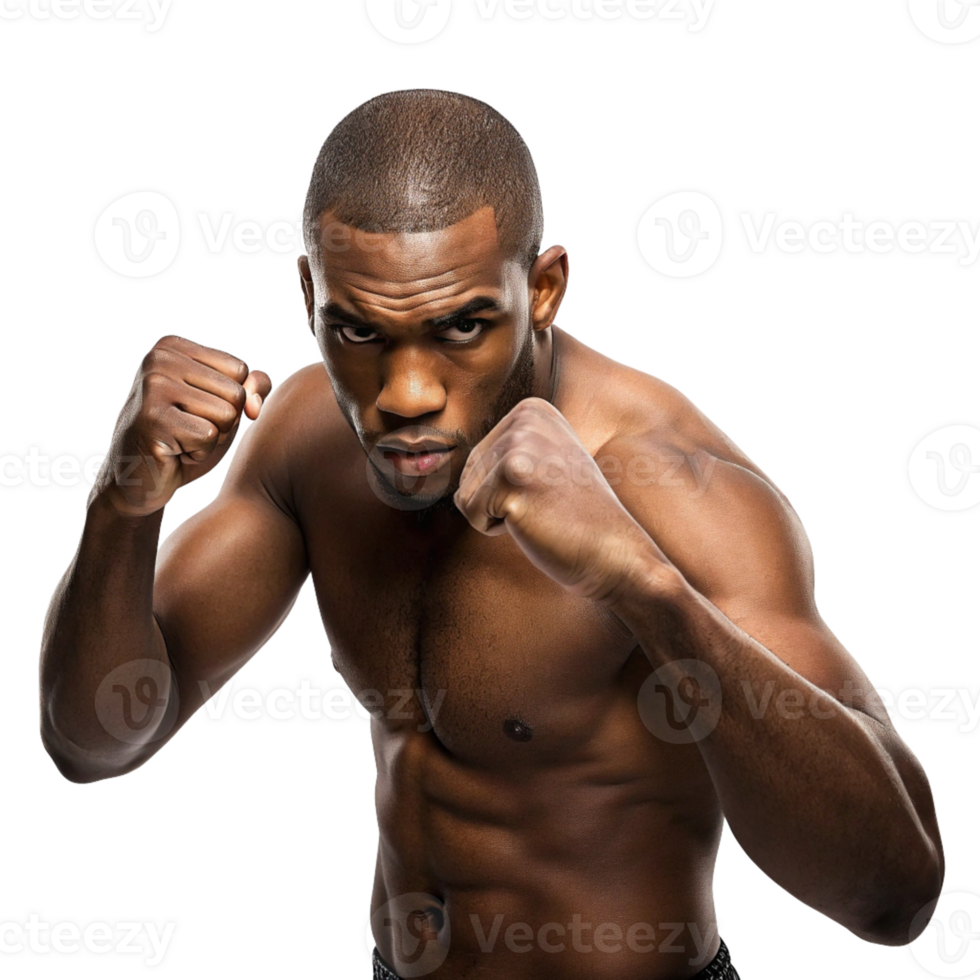 Muscular black male boxer in fighting stance studio portrait png