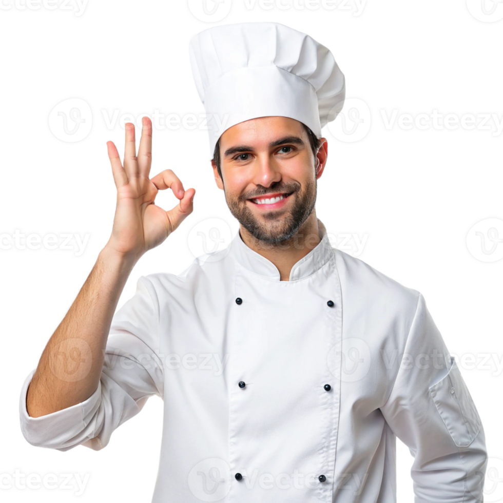 Happy male chef in white uniform showing ok hand gesture. png