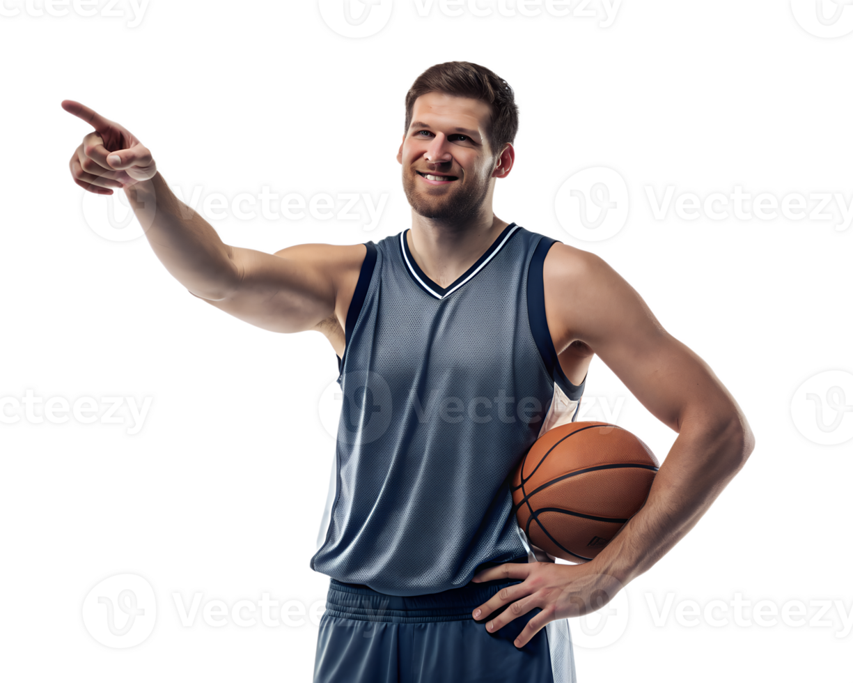 Smiling basketball player pointing and holding ball png