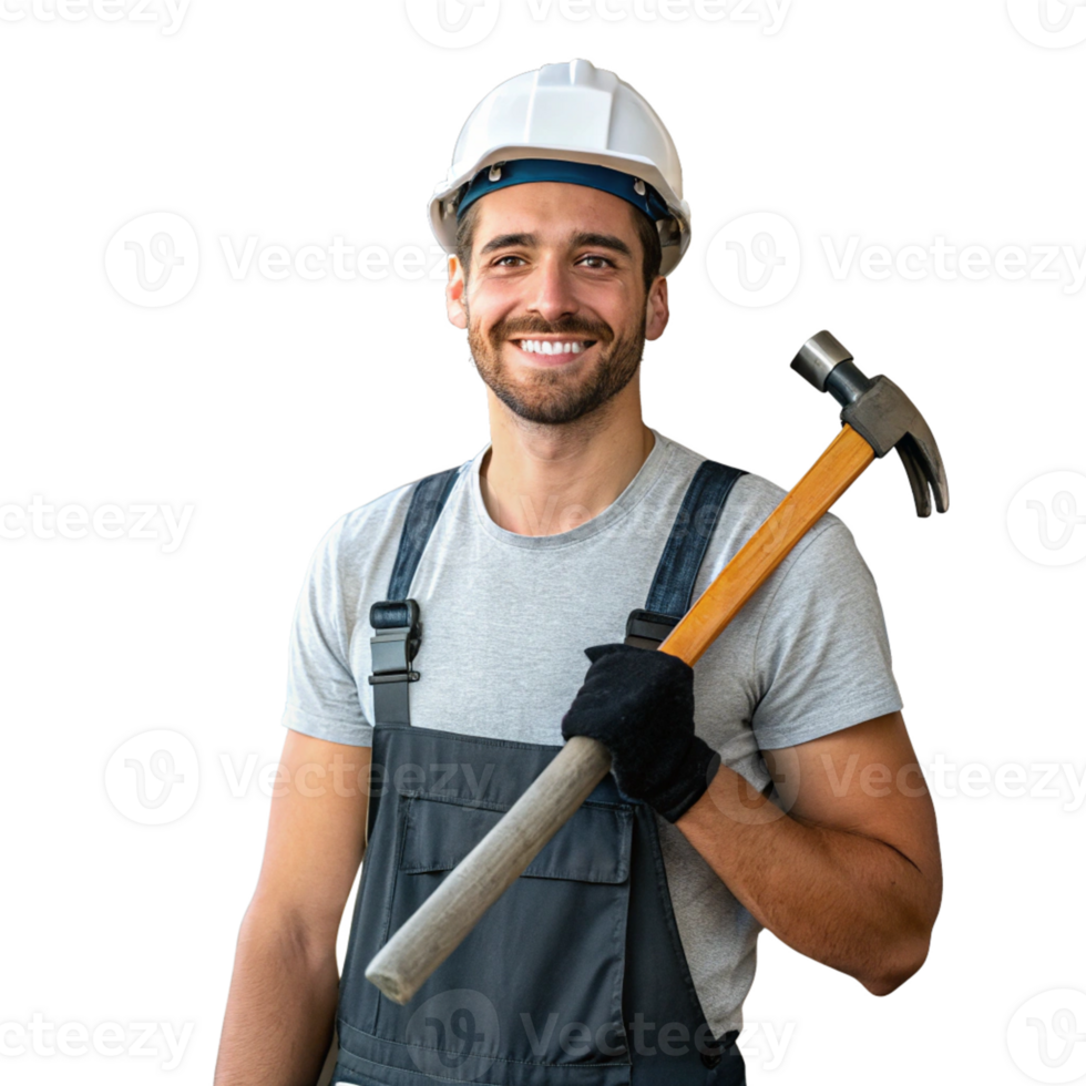 Smiling male construction worker holding hammer wearing hard hat and overalls png