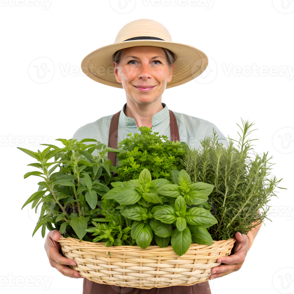 Happy woman gardener holding basket of fresh herbs png