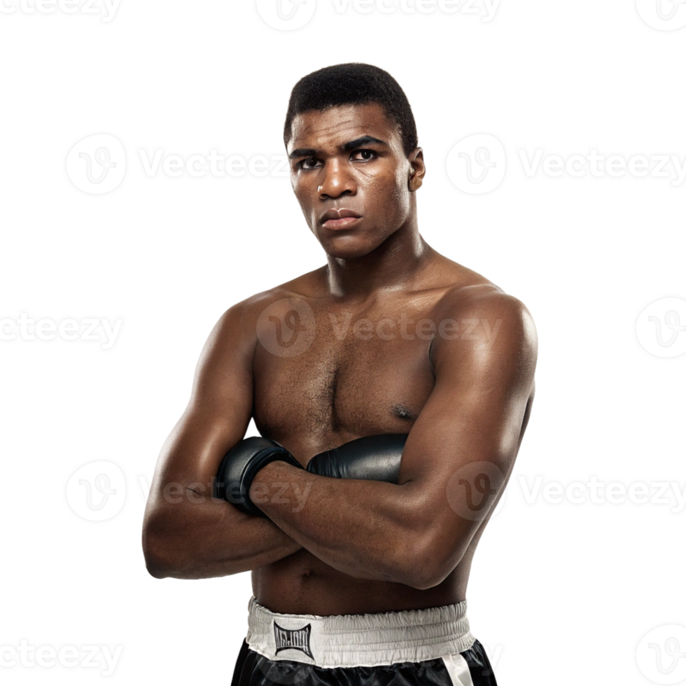 Portrait of a young muscular black boxer with arms crossed png
