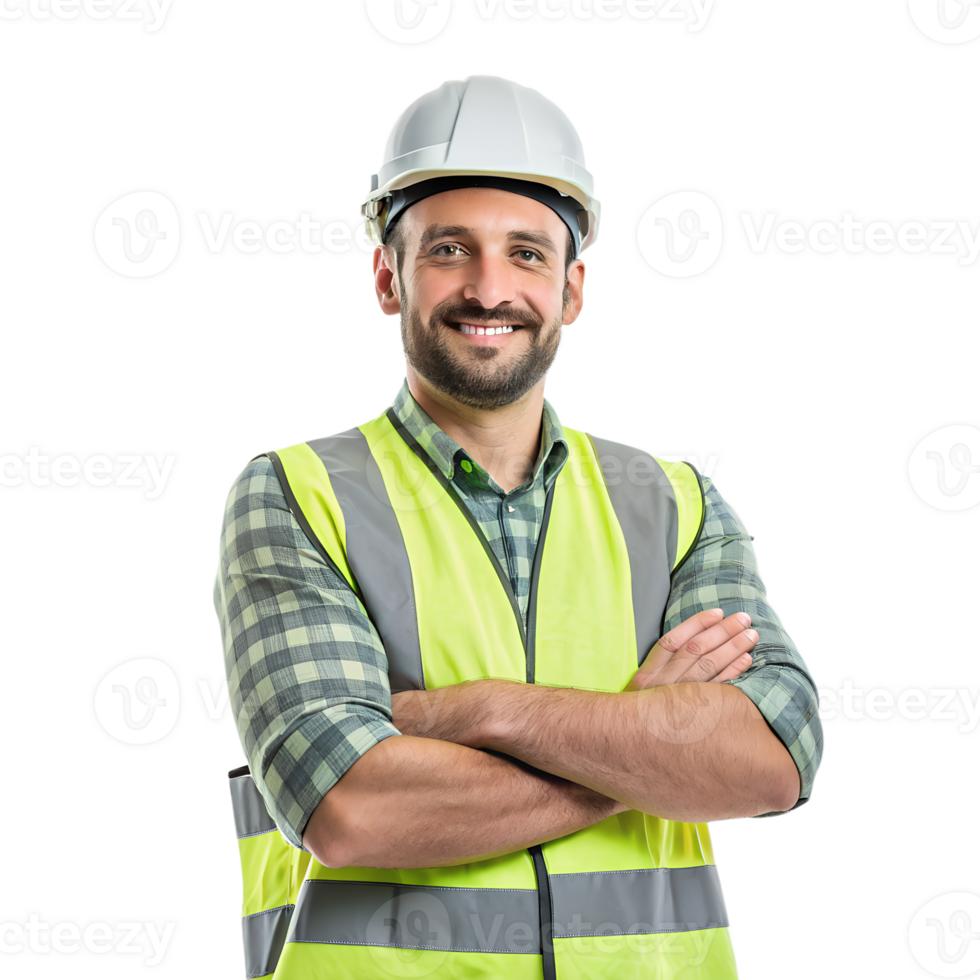 Smiling construction worker in hard hat and safety vest png