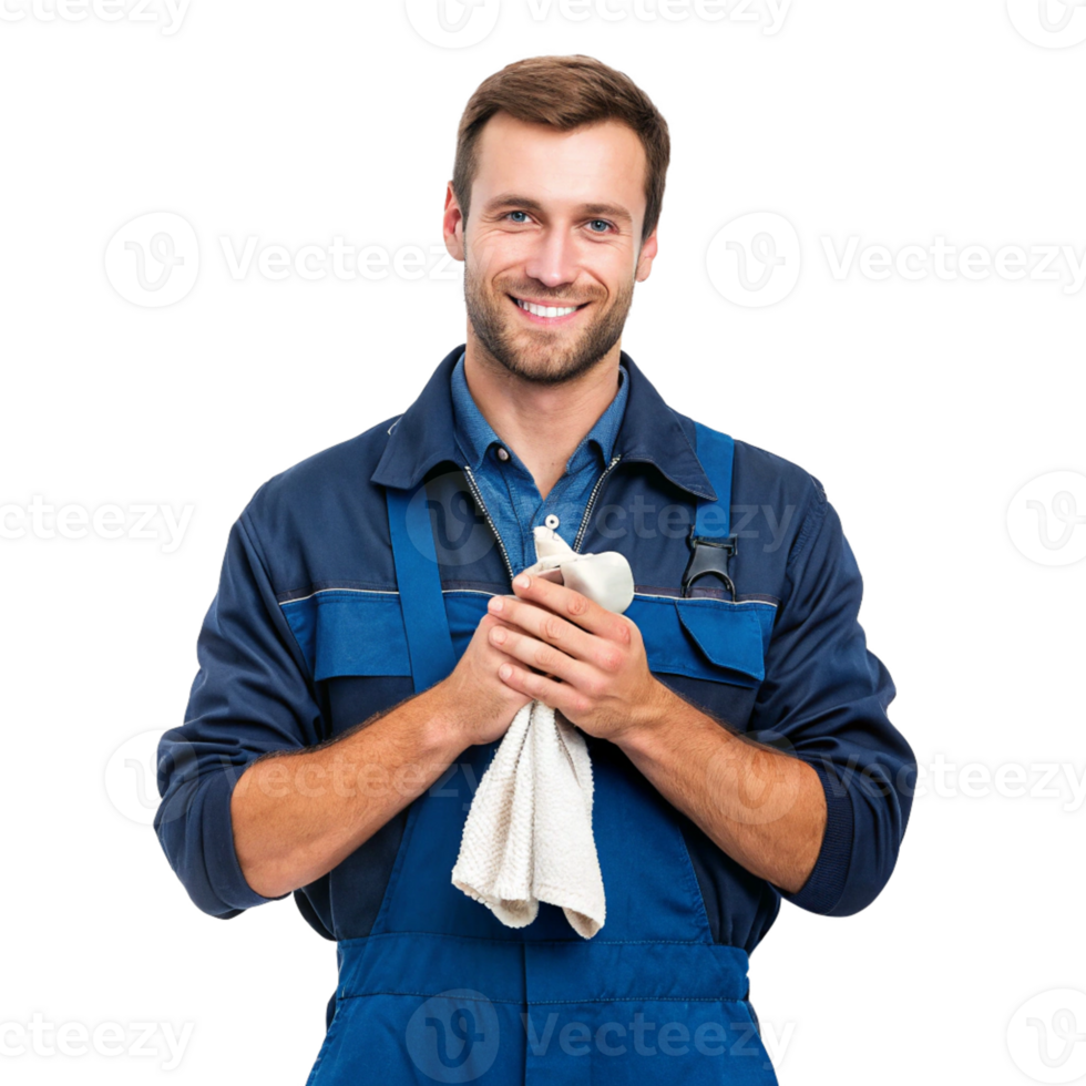 Smiling mechanic in blue overalls holding a clean rag png