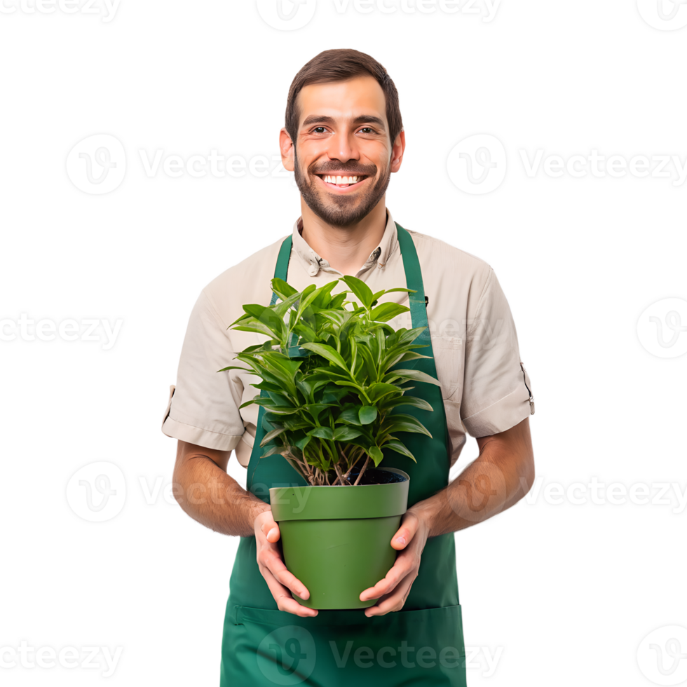 Happy gardener holding potted plant smiling at camera png