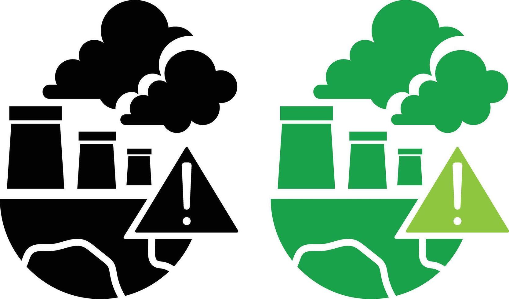 Air Pollution icon set. Nuclear power plant . two icons of pollution and a green and black one vector