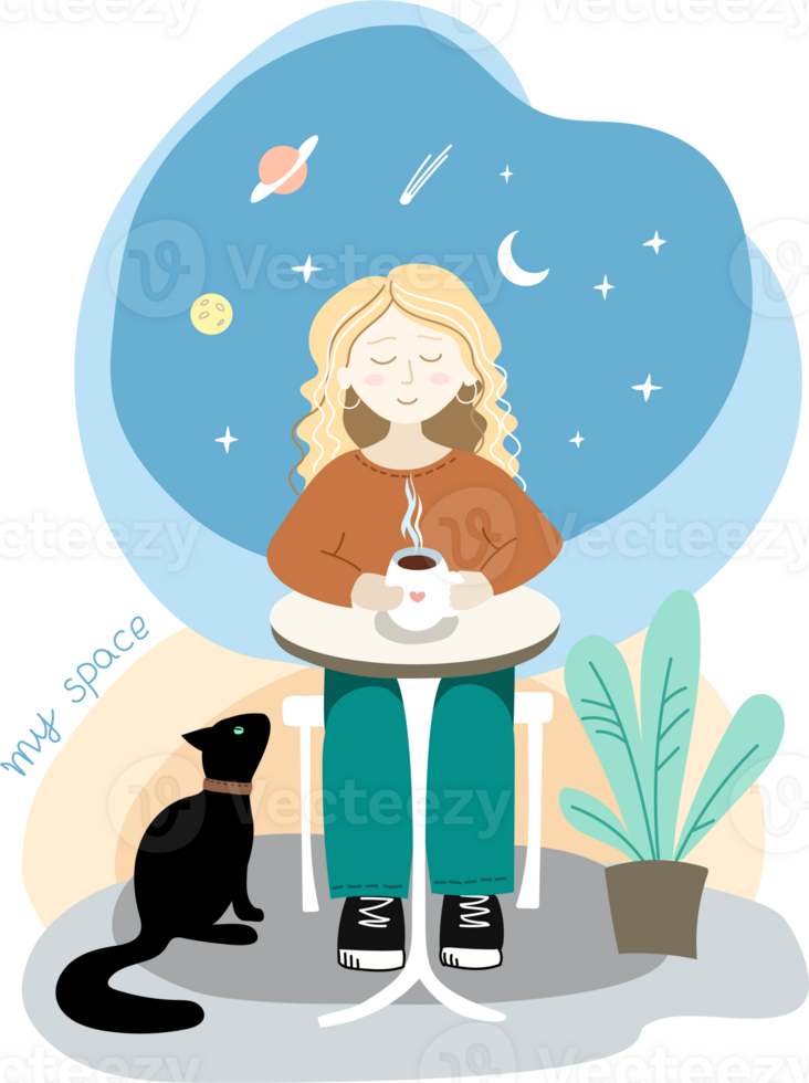 A woman with a cup of coffee is resting at a table. A black cat is sitting png