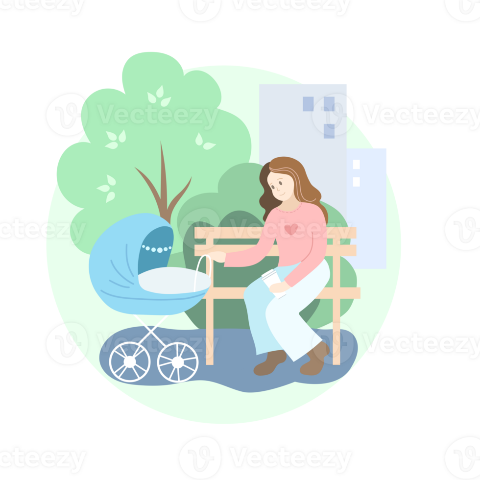 Mother with blue baby stroller in the park. Summer png