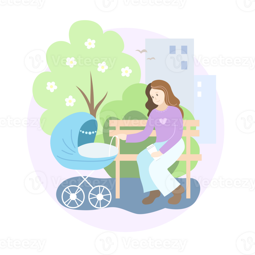 Mother with blue baby stroller in the park. Spring png