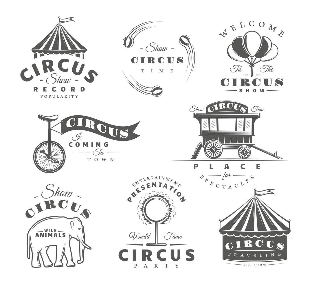 Set of circus labels. Elements for design on the circus theme. Collection of circus symbols tent, juggler, animals vector