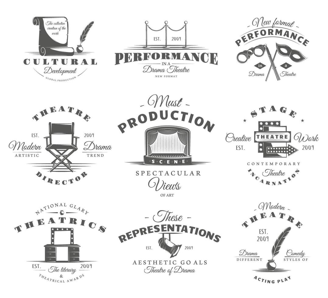 Set of theatre labels. Elements for design on the theatre theme. Collection of theatre symbols stage, mask, curtain vector