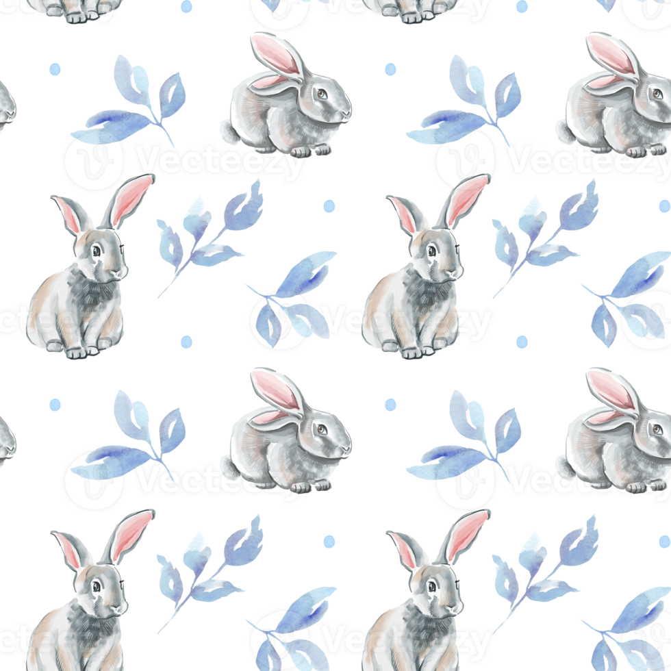 Rabbit with blue leaves. Watercolor illustration png