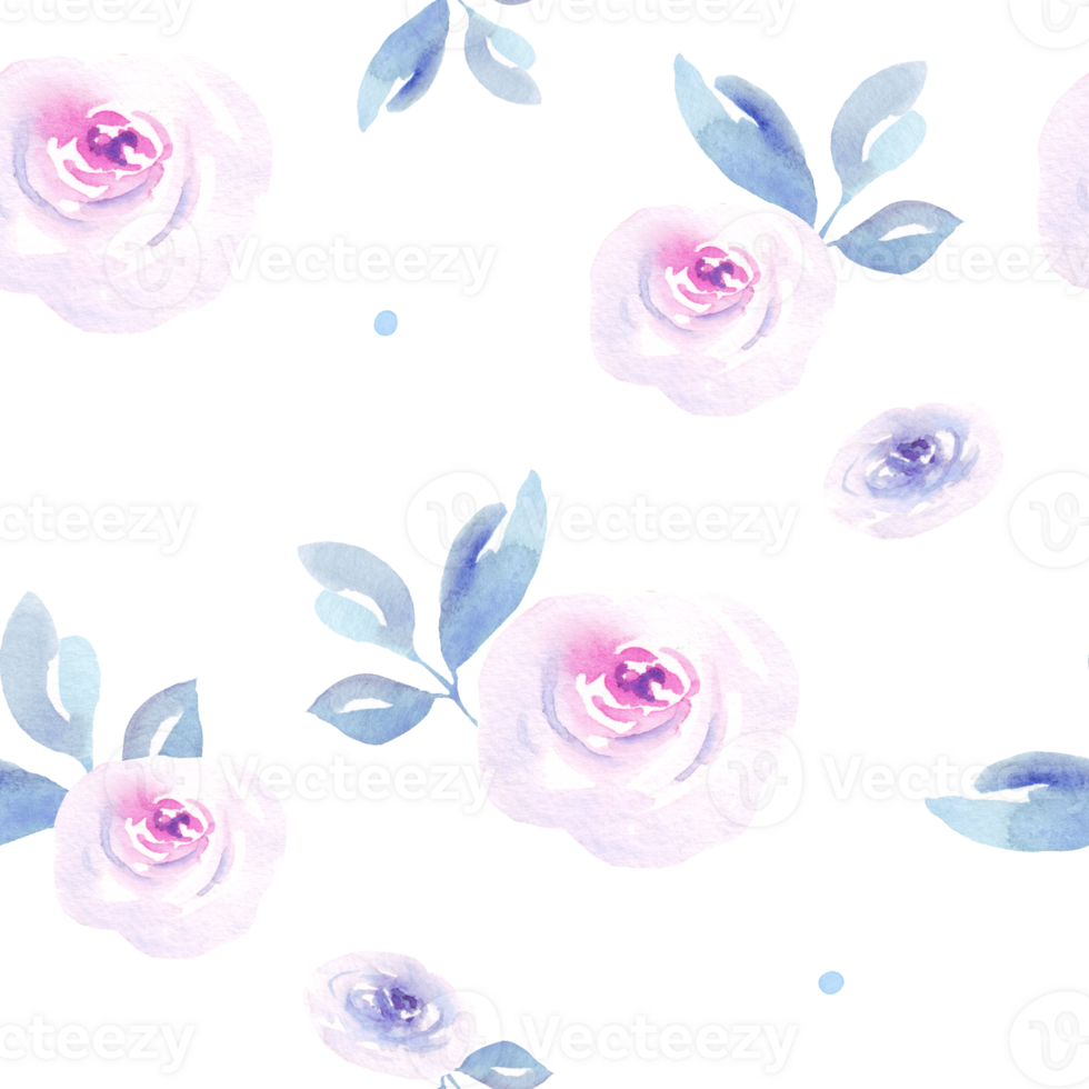 Seamless floral pattern with watercolor roses and leaves with transparent background png