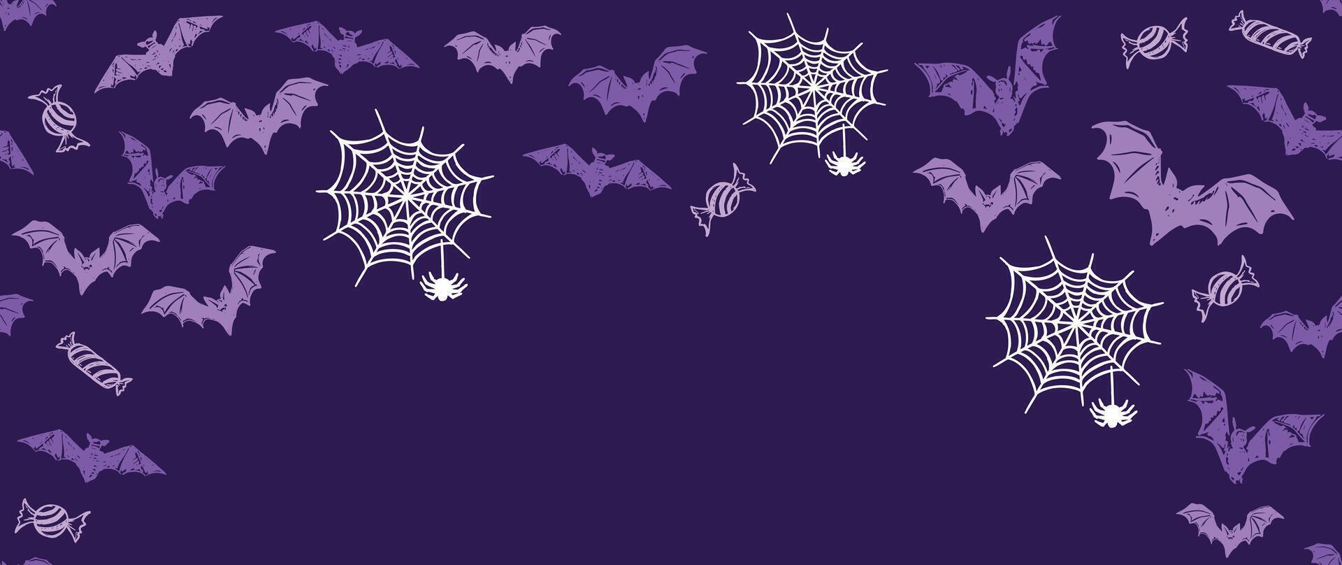 Halloween symbols, bat, candy, on black background, hand drawn illustrations vector