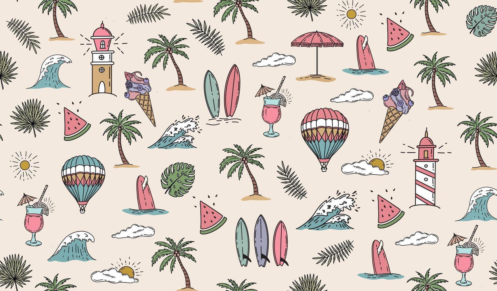 Hello Summer, pattern with palm tree, surfboard and wave, hand drawn illustration vector