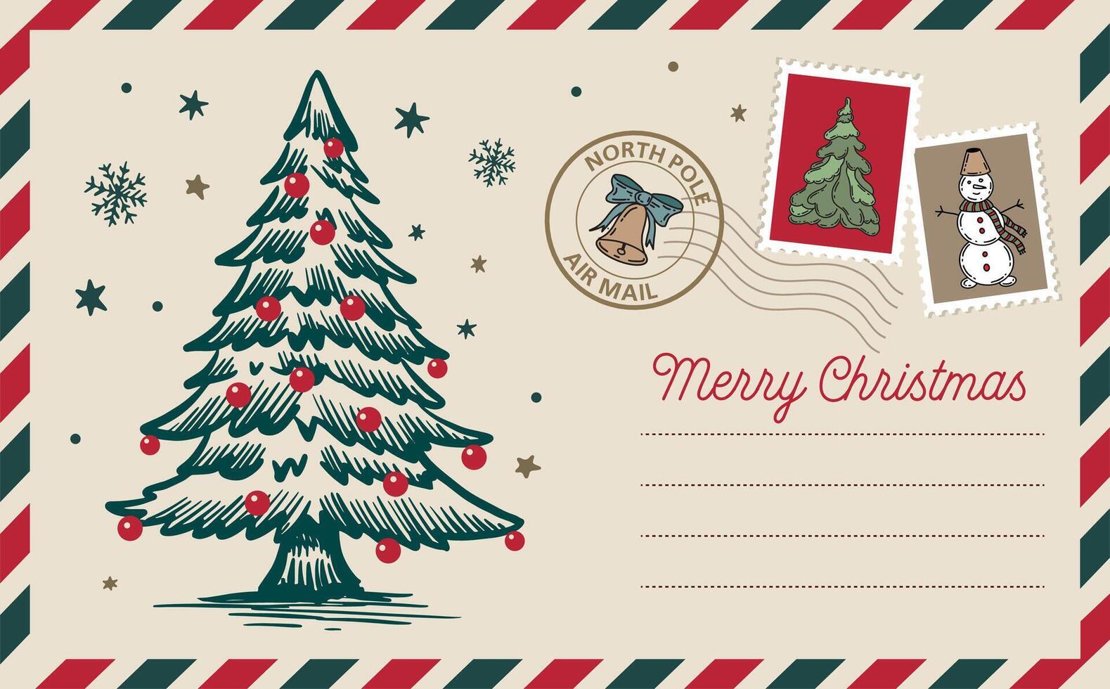 Christmas postcard with tree, hand drawn illustration vector