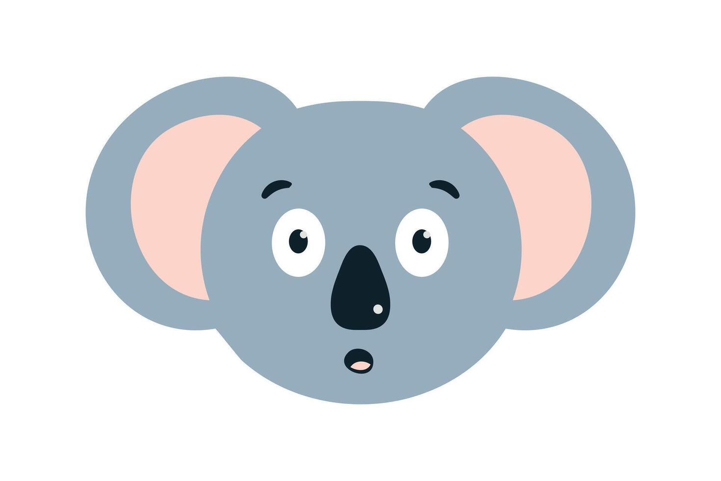 Stunned Koala with round eyes, mouth open in surprise. Australian Animal is Shocked. Gray bear. Children character for zoo. Simple, expressive emotion in emoji style. Flat design. illustration vector
