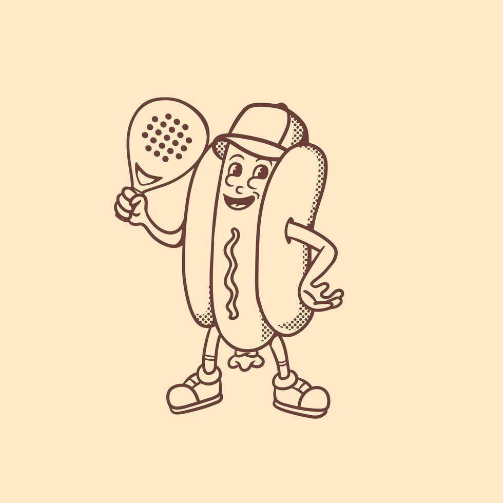 mascot character hotdog with padel racket good for logo, branding, mascot retro, restaurant, cafe, etc vector