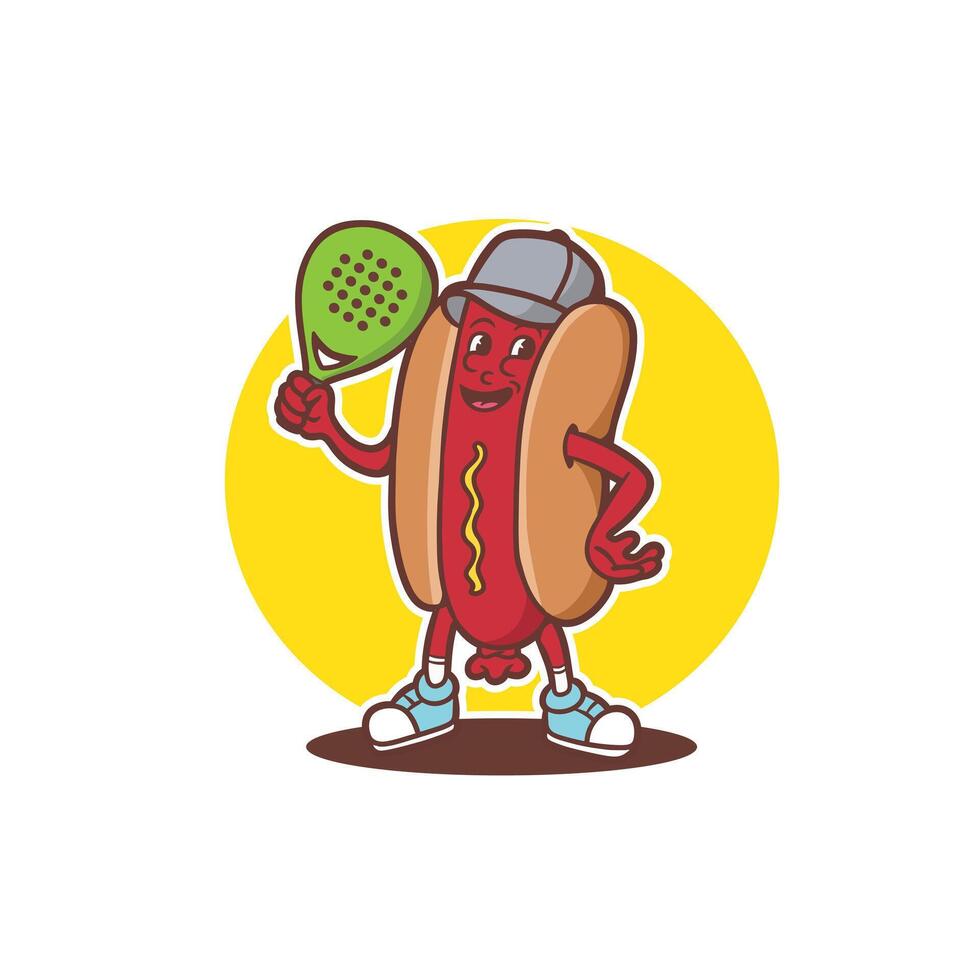 mascot character hotdog with padel racket good for logo, branding, mascot food, restaurant, cafe, etc vector