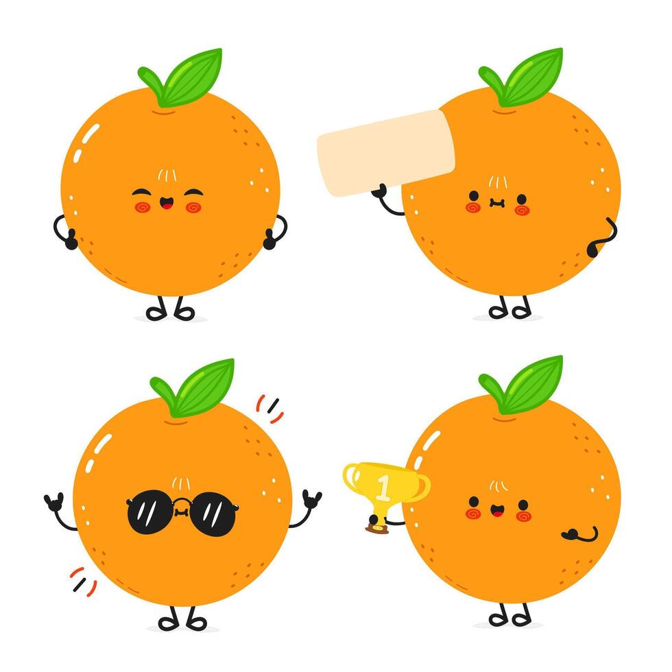 Cute cartoon Oranges displaying various emotions, including holding a sign and a trophy. vector