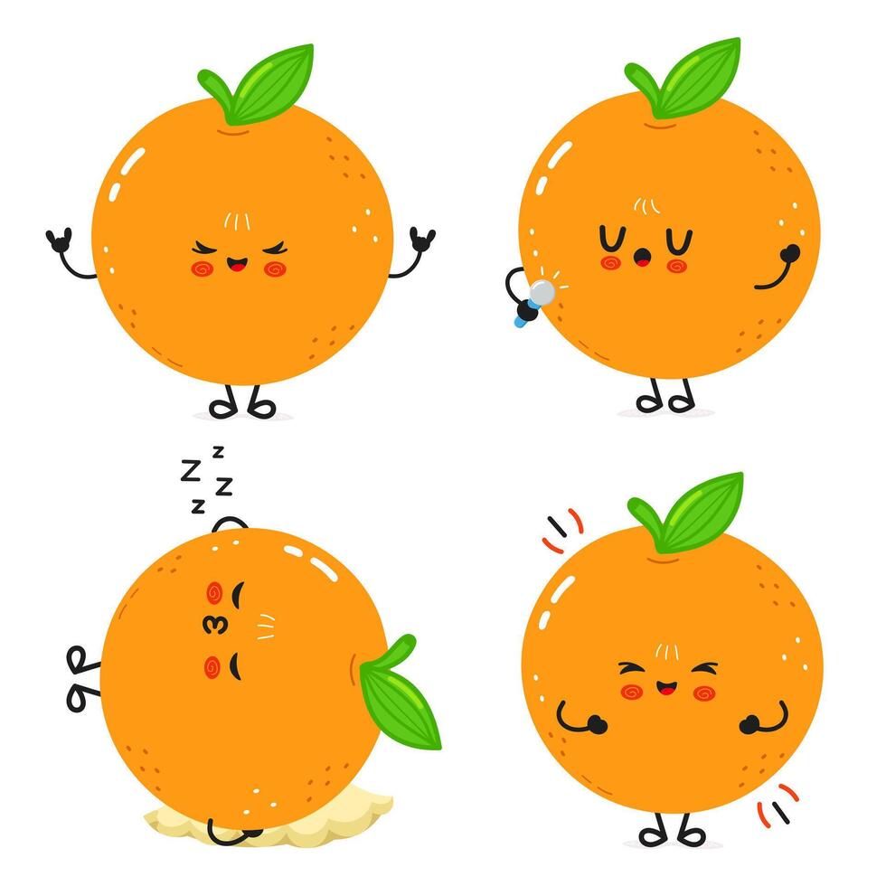 A collection of cute anthropomorphic Orange characters displaying various emotions and actions. vector