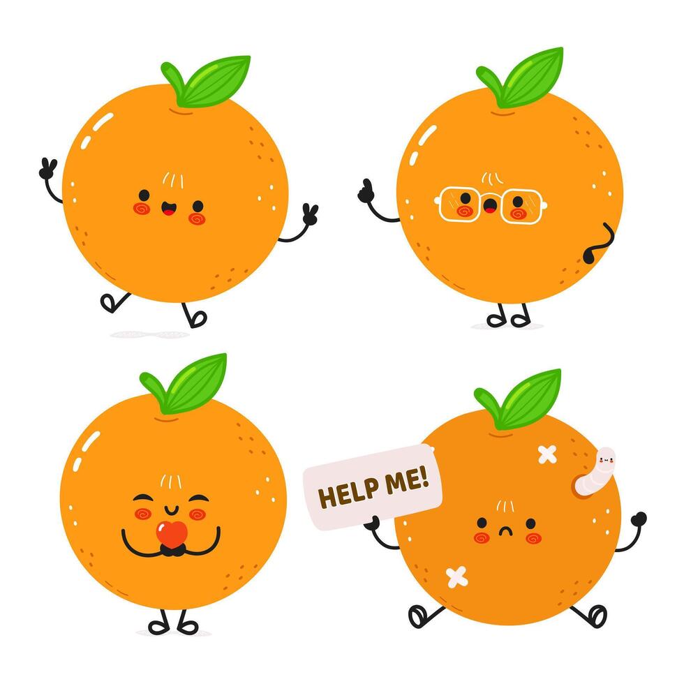 Four adorable cartoon oranges showcasing different emotions with vibrant expressions. vector