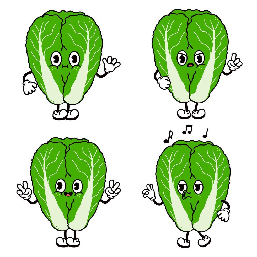 Cartoon Napa Cabbage character expressing emotions through waving, pointing, whistling vector