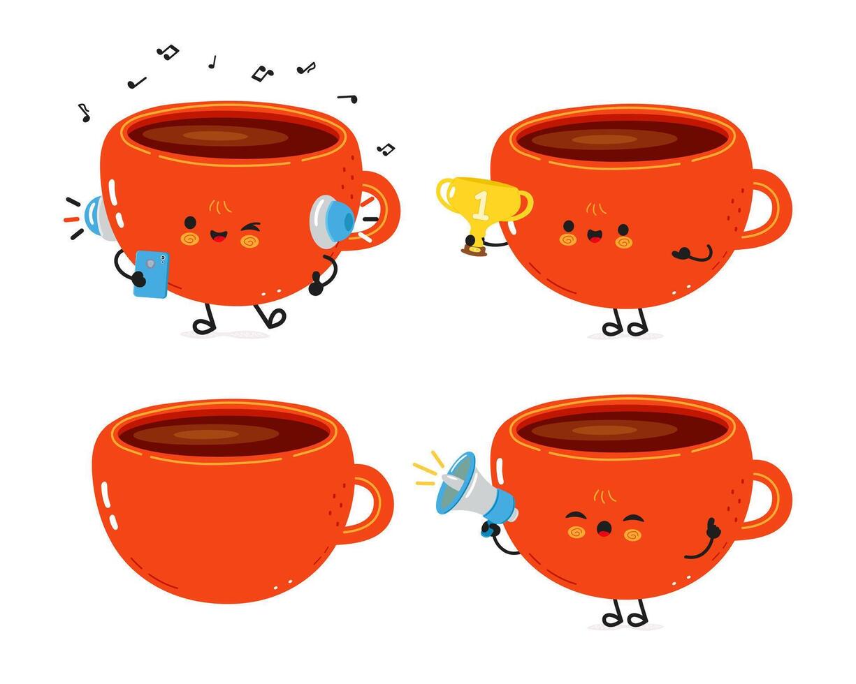 Cute Coffee Cup character listening to music, holding trophy, and speaking into megaphone vector