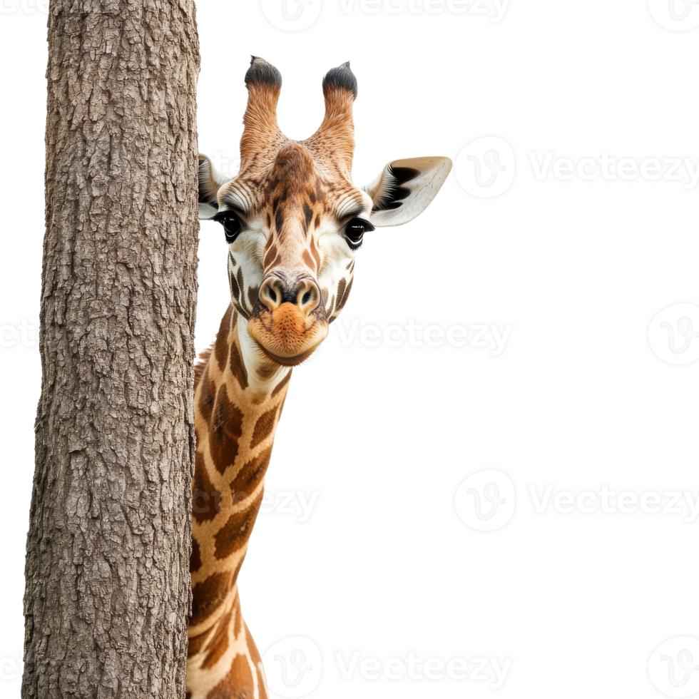 Giraffe behind a tree on transparent background png