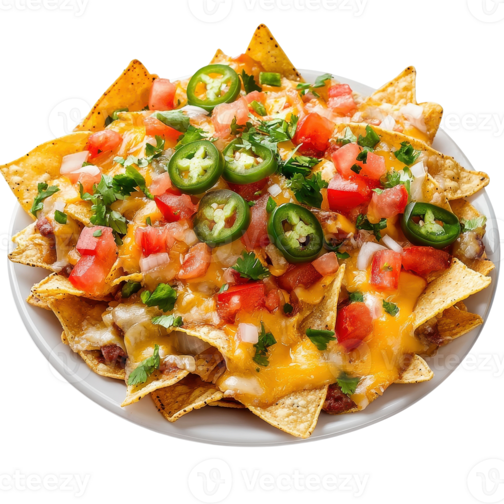Plate of loaded nachos on transparent background png