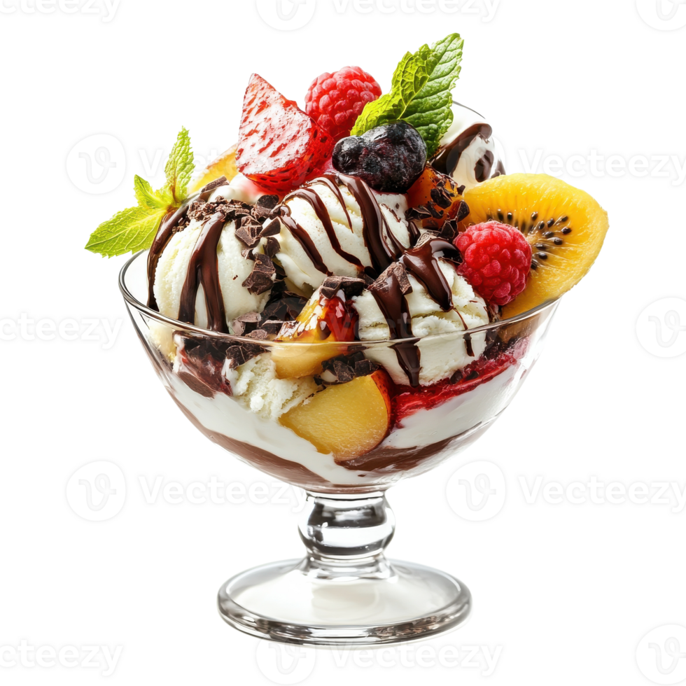 Sundae with fruit and ice on transparent background png