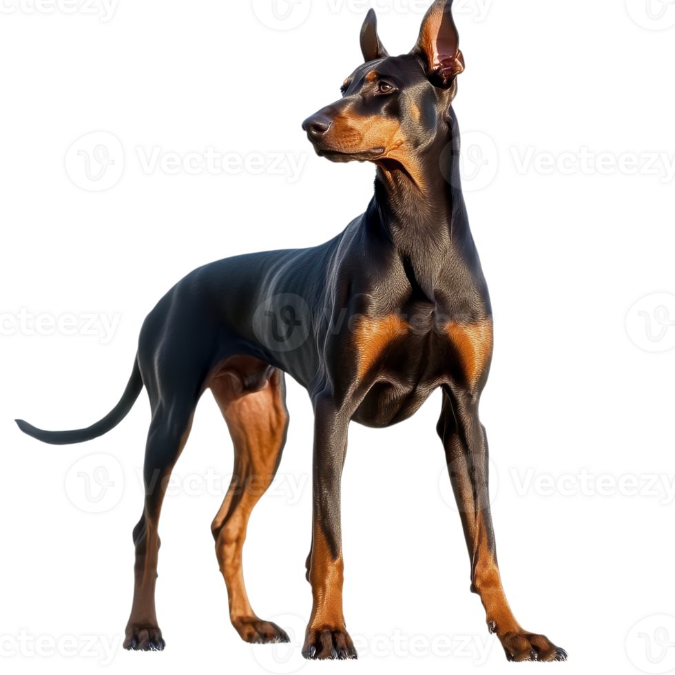 A doberman standing tall on transparent background png