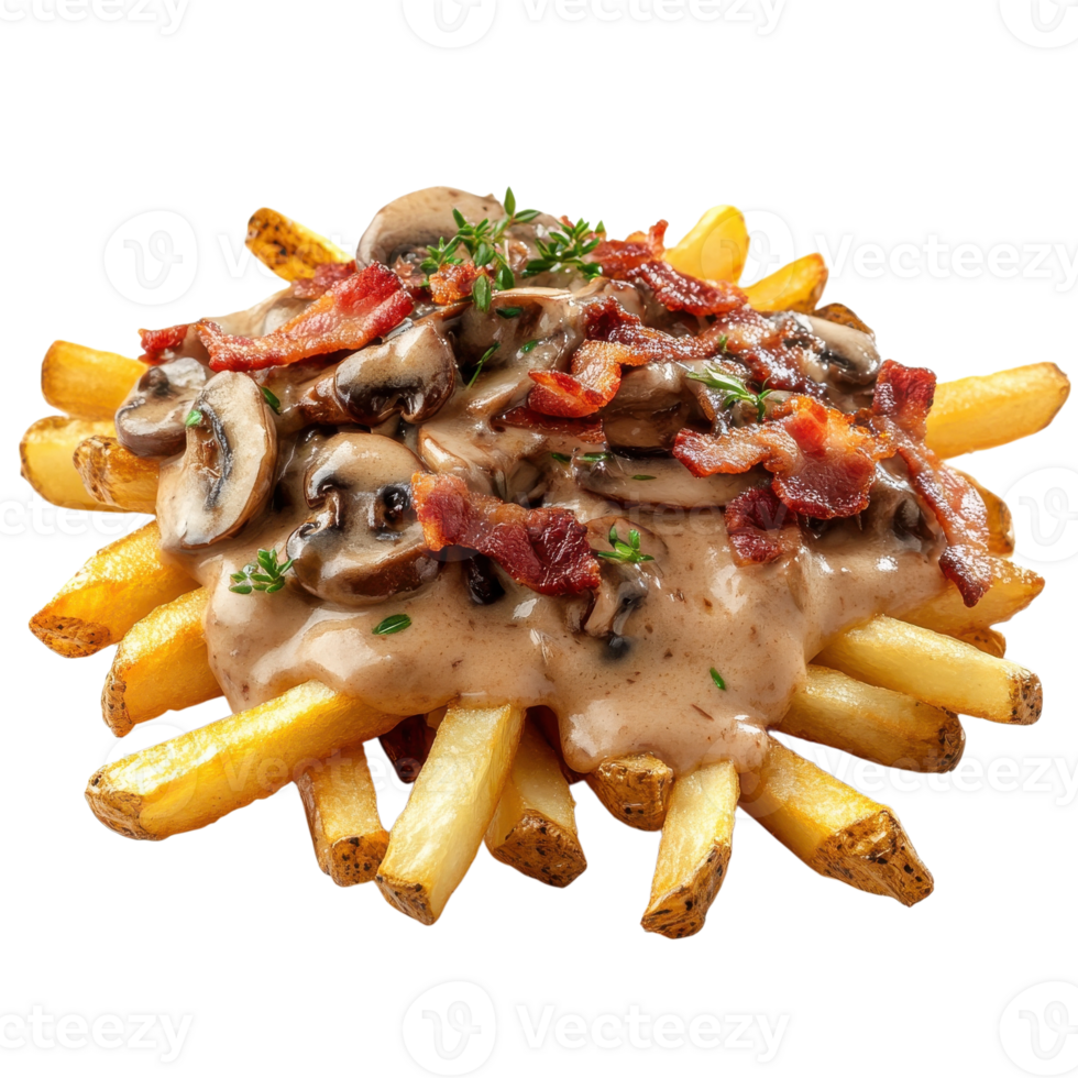 Fries with mushroom sauce on transparent background. png