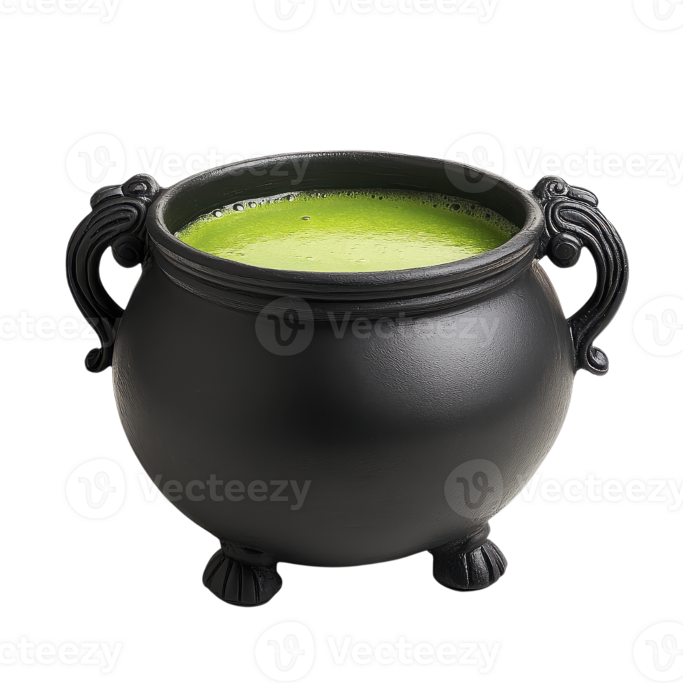 Cauldron with green liquid on transparent background. png