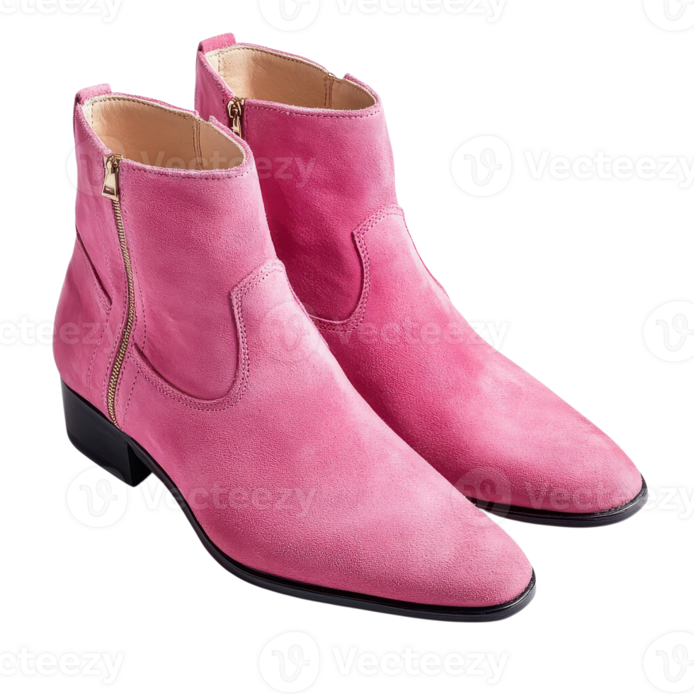 Pink suede ankle boots on transparent background. png