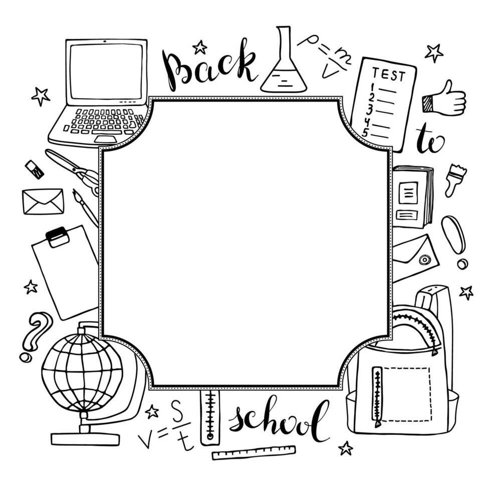 School design frame on white background. Hand-drawn doodle-style illustration vector