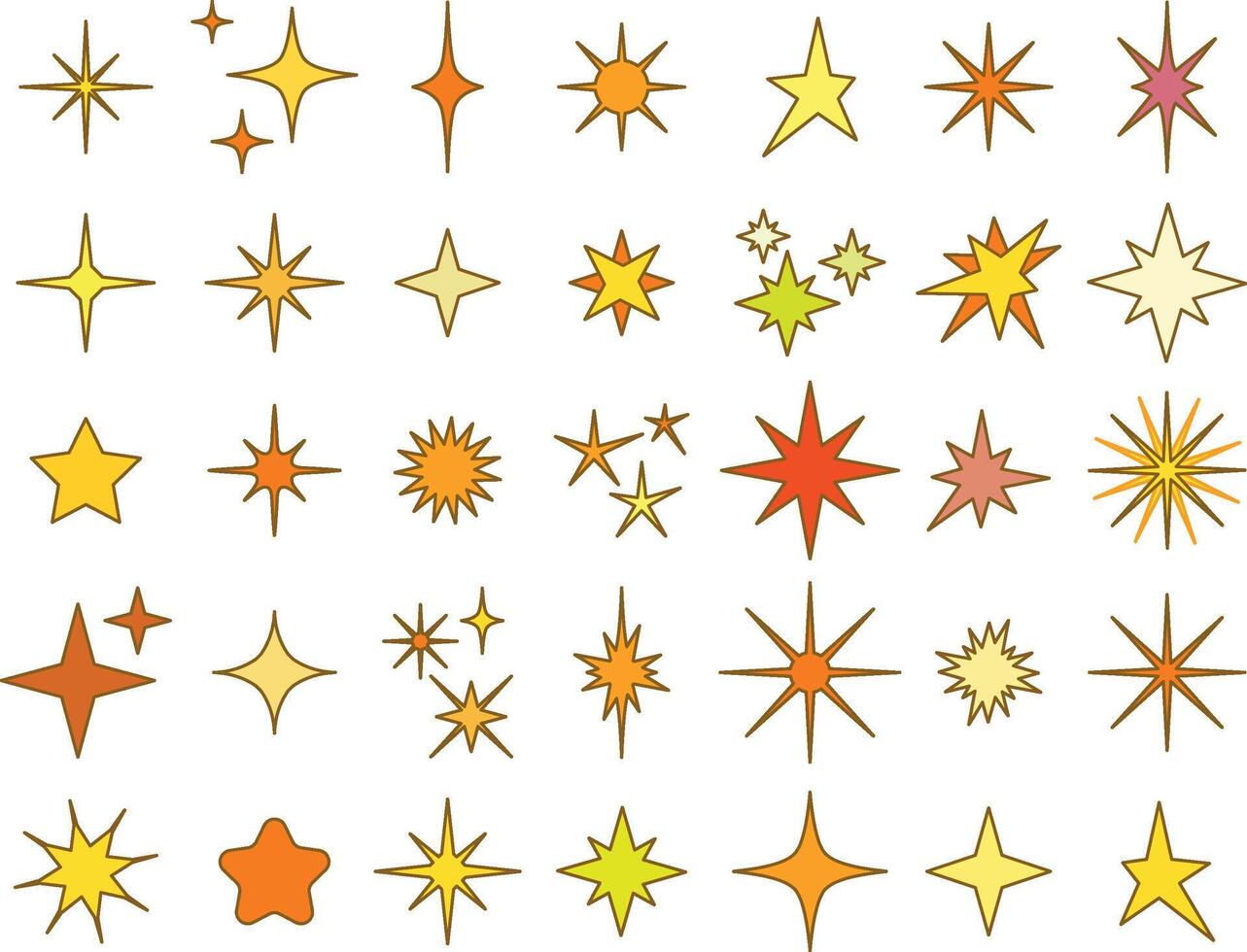 various colorful star shapes in yellow, orange, and red tones vector