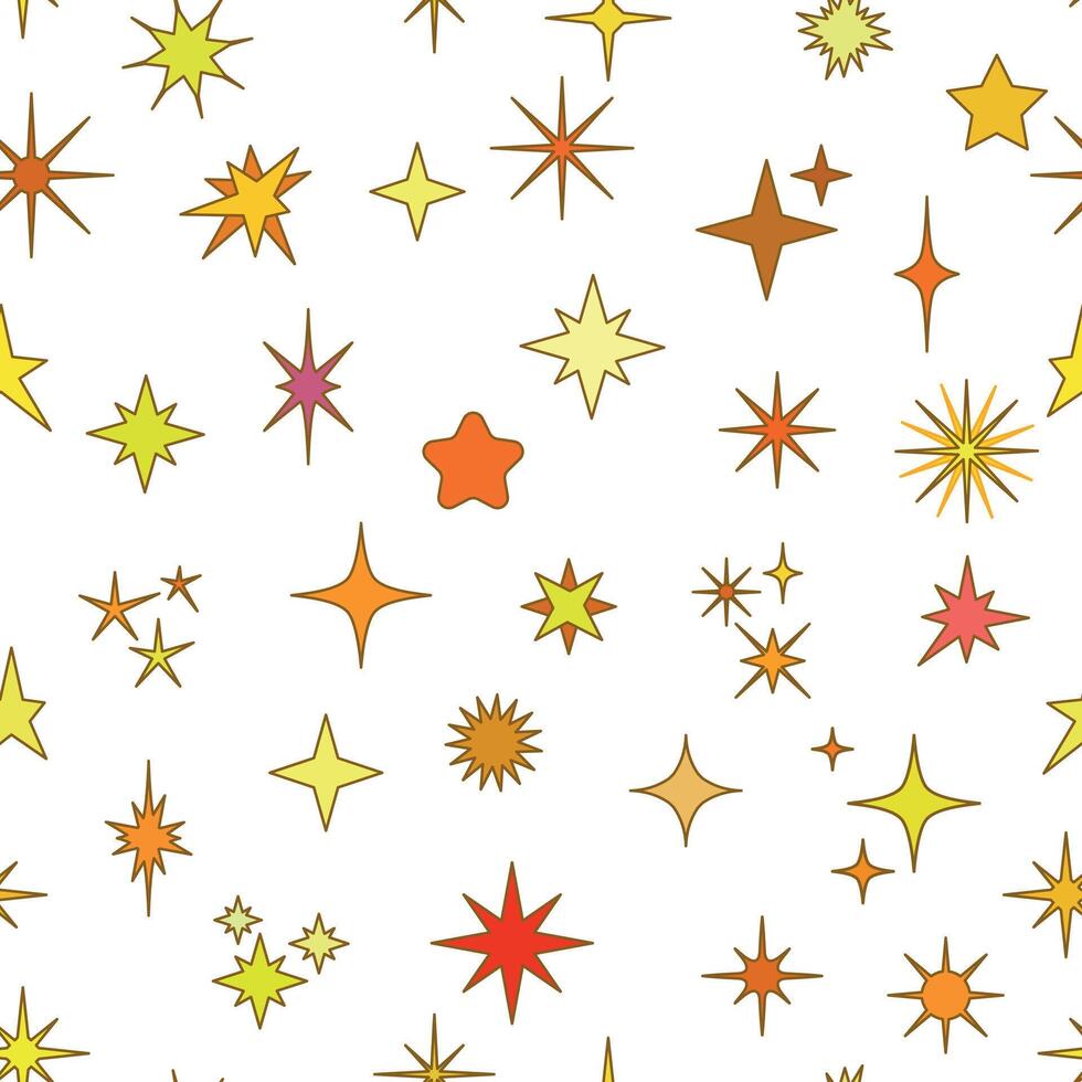 Seamless pattern with various colorful star shapes in yellow, orange, and red tones vector