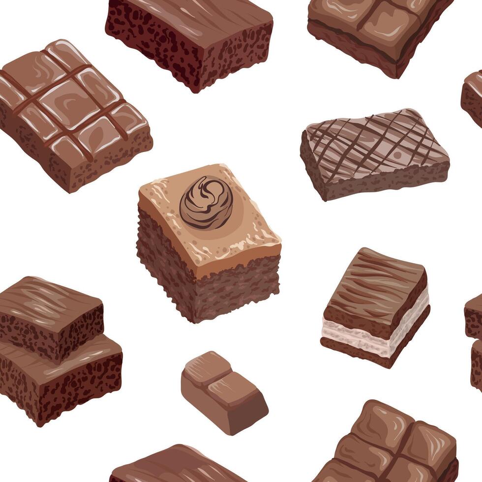 seamless pattern with chocolate brownies in different shapes and styles vector