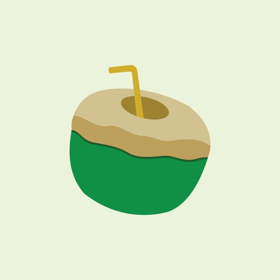 Coconut cocktail with straw flat icon isolated on green background. A young coconut that has been opened with a straw and is ready to drink. A typical drink from the coastal area, vector