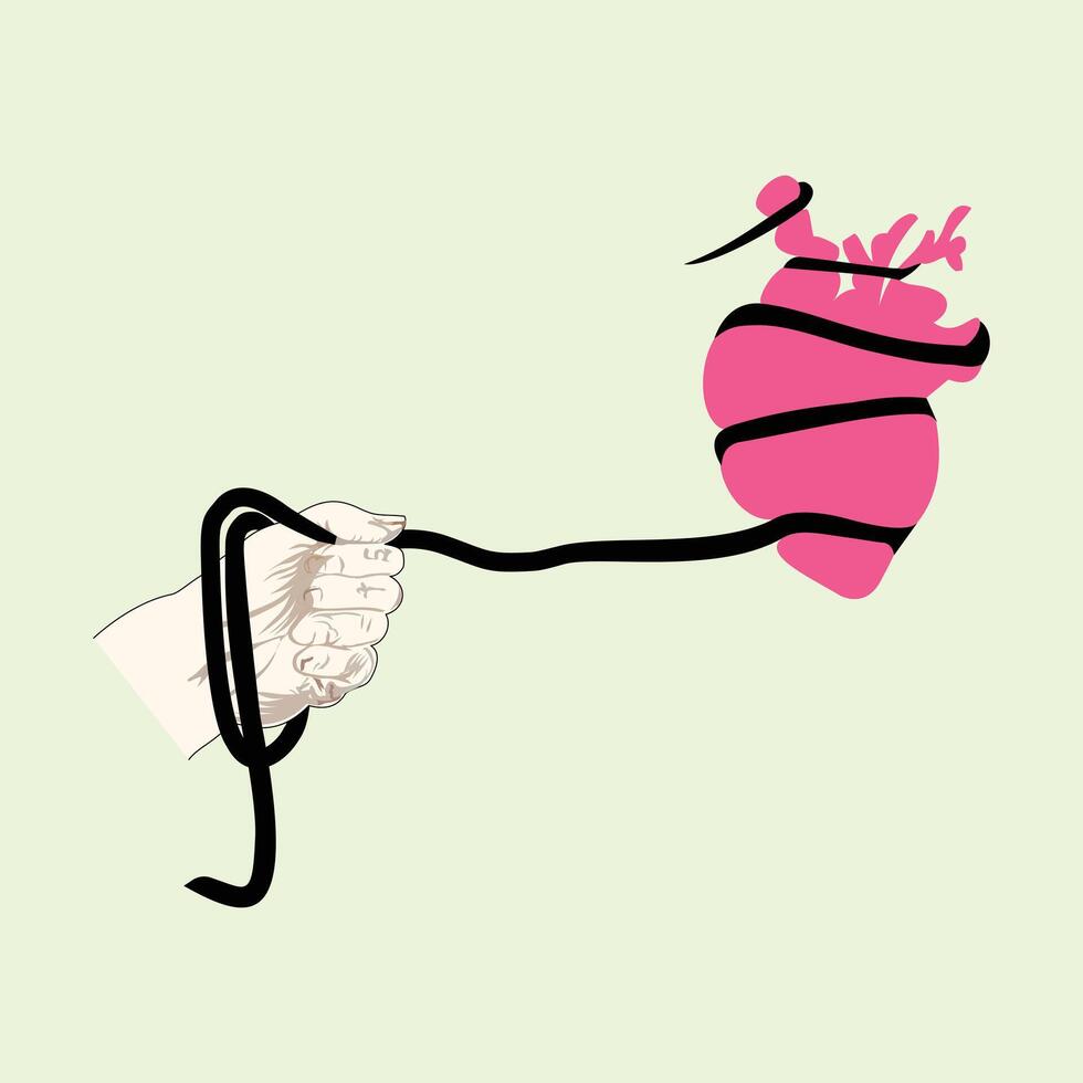 Hand drawn illustration of a human hand holding a heart shaped pillow. illustration of a person with a tied heart. A hand holding a rope to tie the heart. vector