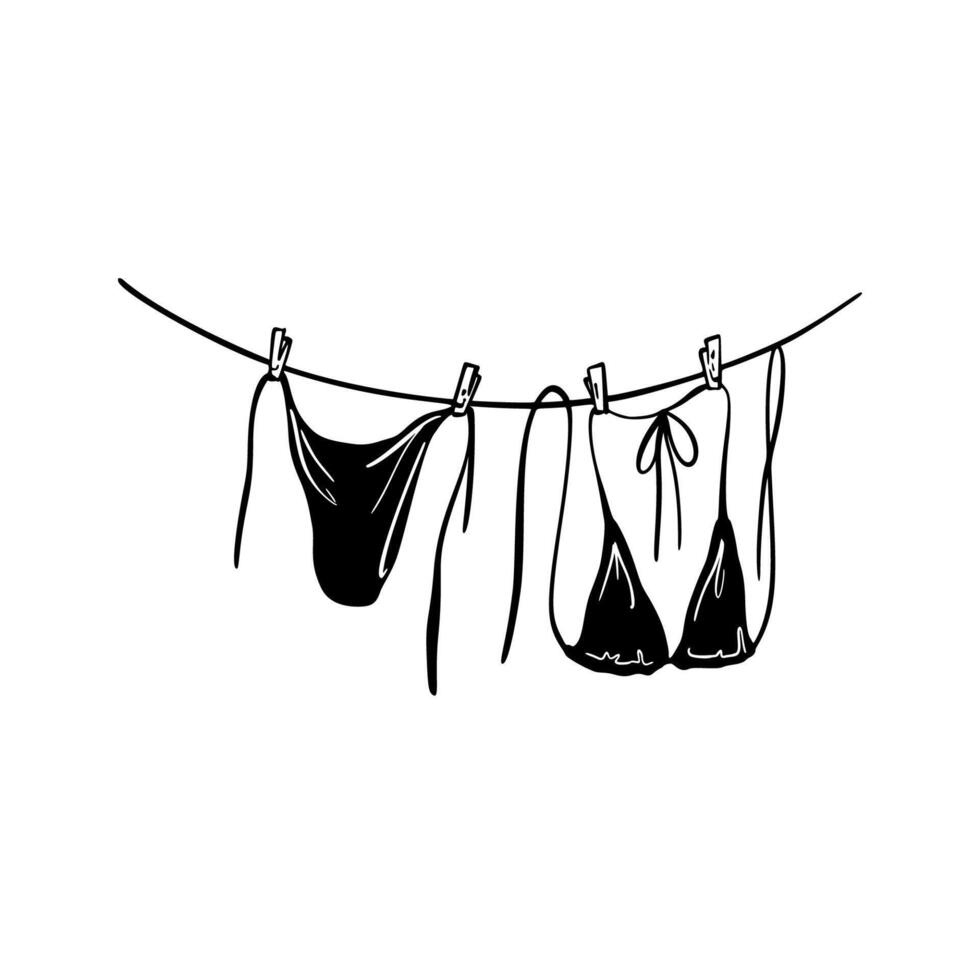 Hanging on the rope summer beach bikini linocut doodle illustration. Drying swimsuit silhouette. Bra and panties underwear laundry on the clothesline. Summer beach vacation doodle design element vector