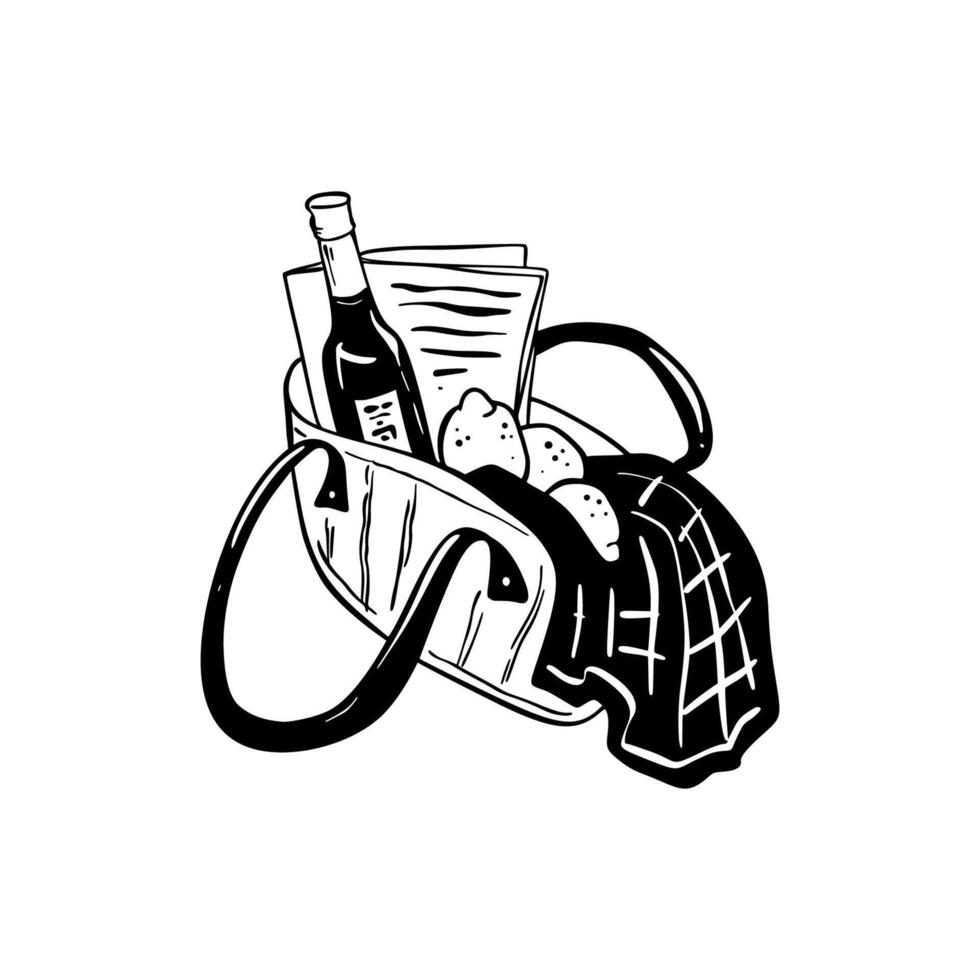 Hand drawn doodle picnic basket with bottle of wine, lemons and checkered blanket. Summer outdoor lunch. Italian romantic dating. Wicker shopping bag. Sketch illustration vector