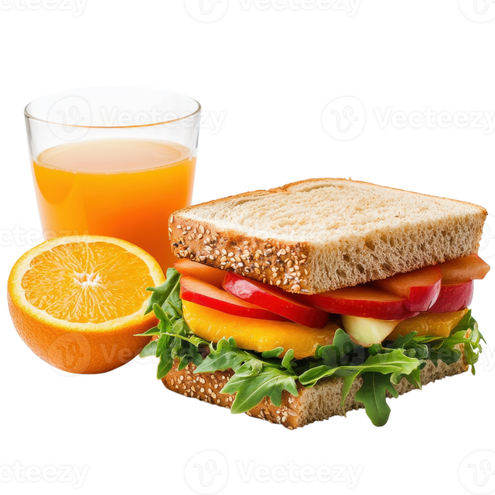 Sandwich and orange juice on transparent background. png