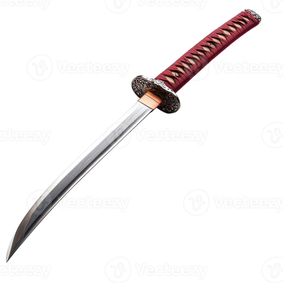 Katana with red handle on transparent background. png