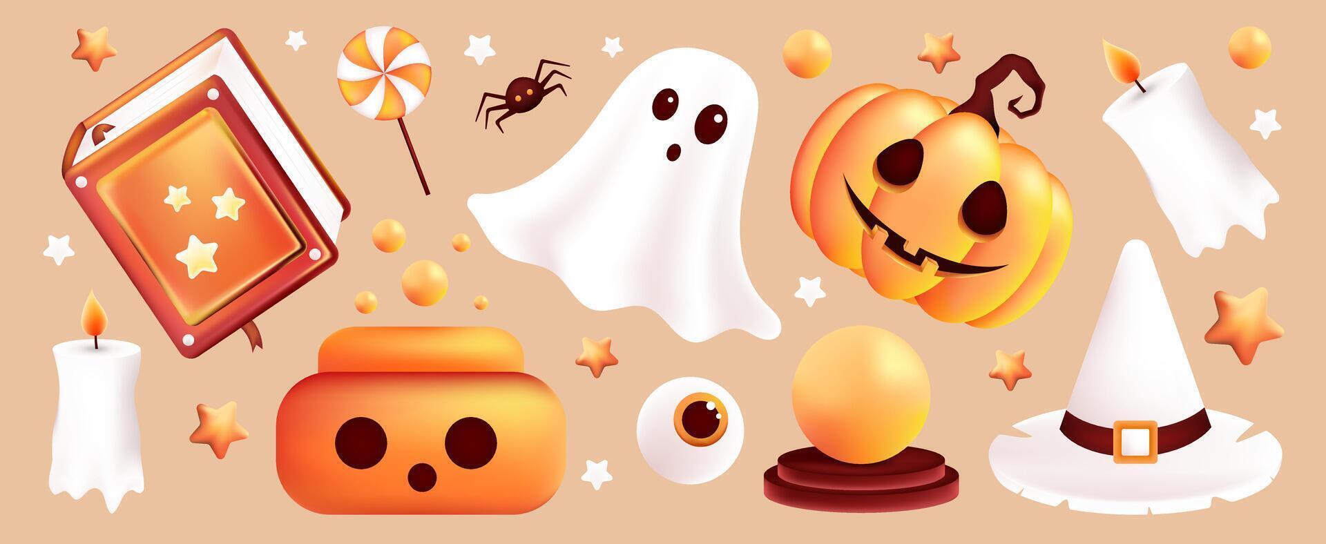 Colorful Halloween illustrations of ghosts and pumpkins vector