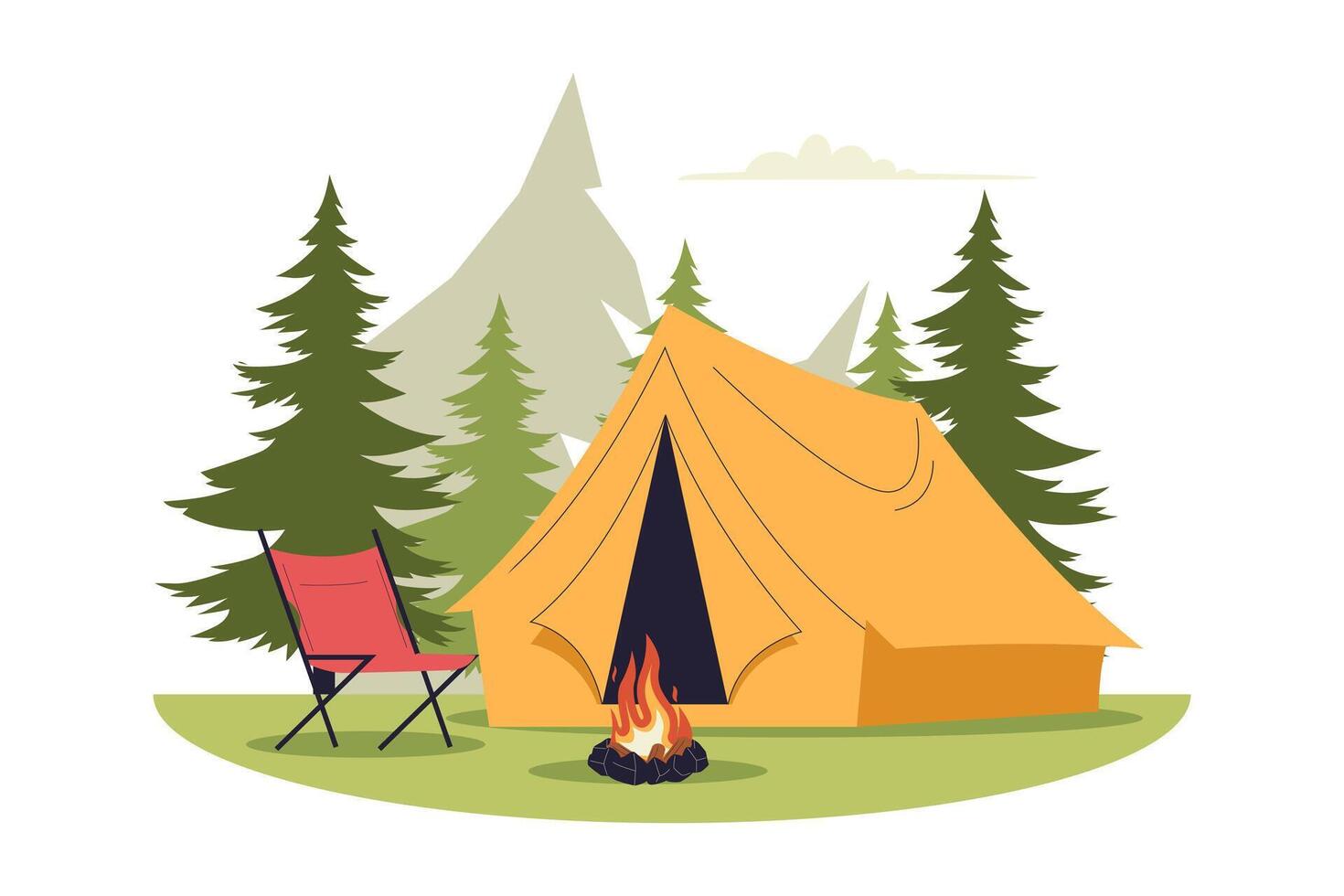 Flat Illustration of Camping Tent and Campfire in Pine Forest vector