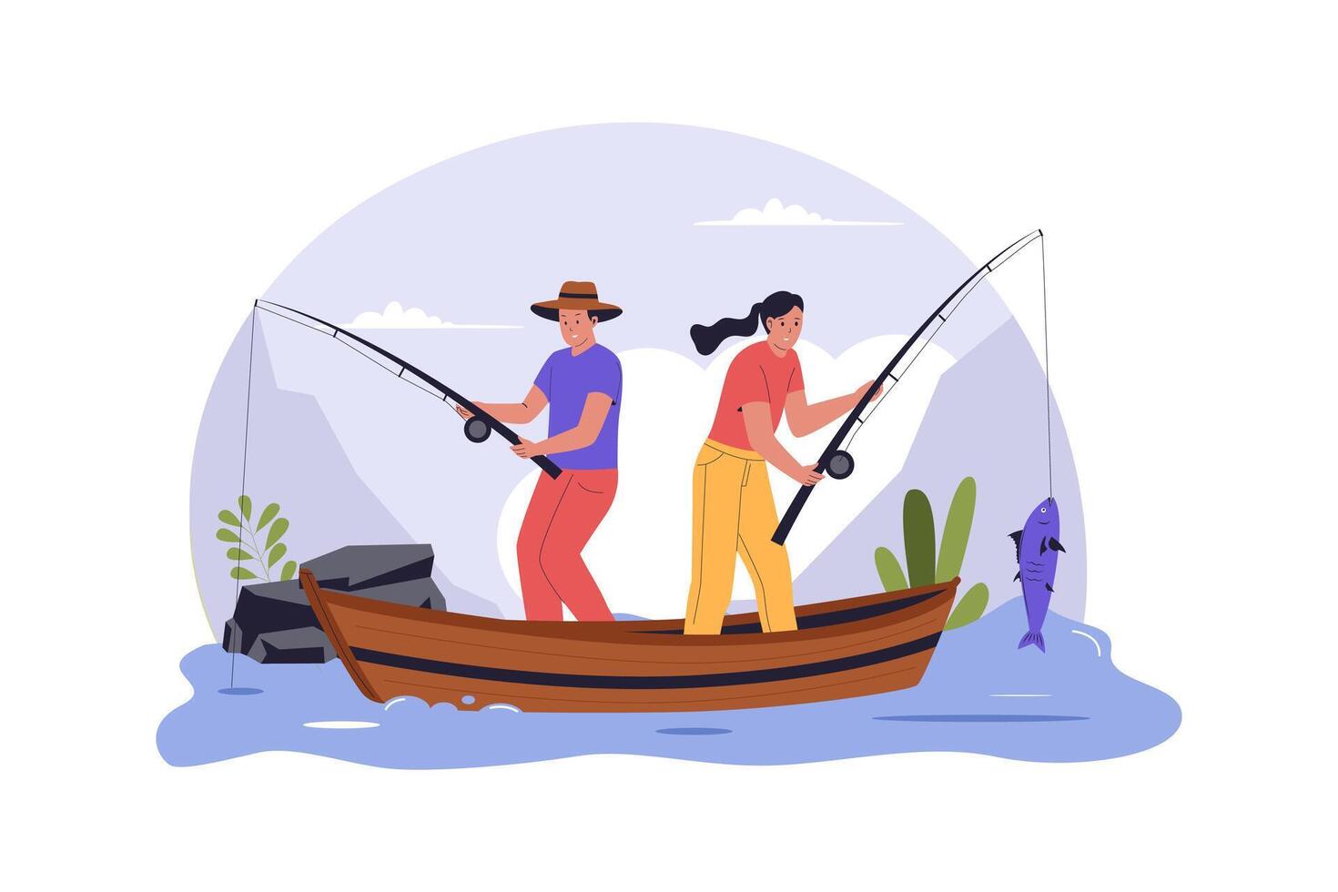 Flat Illustration of Couple Fishing on Boat in Nature River vector