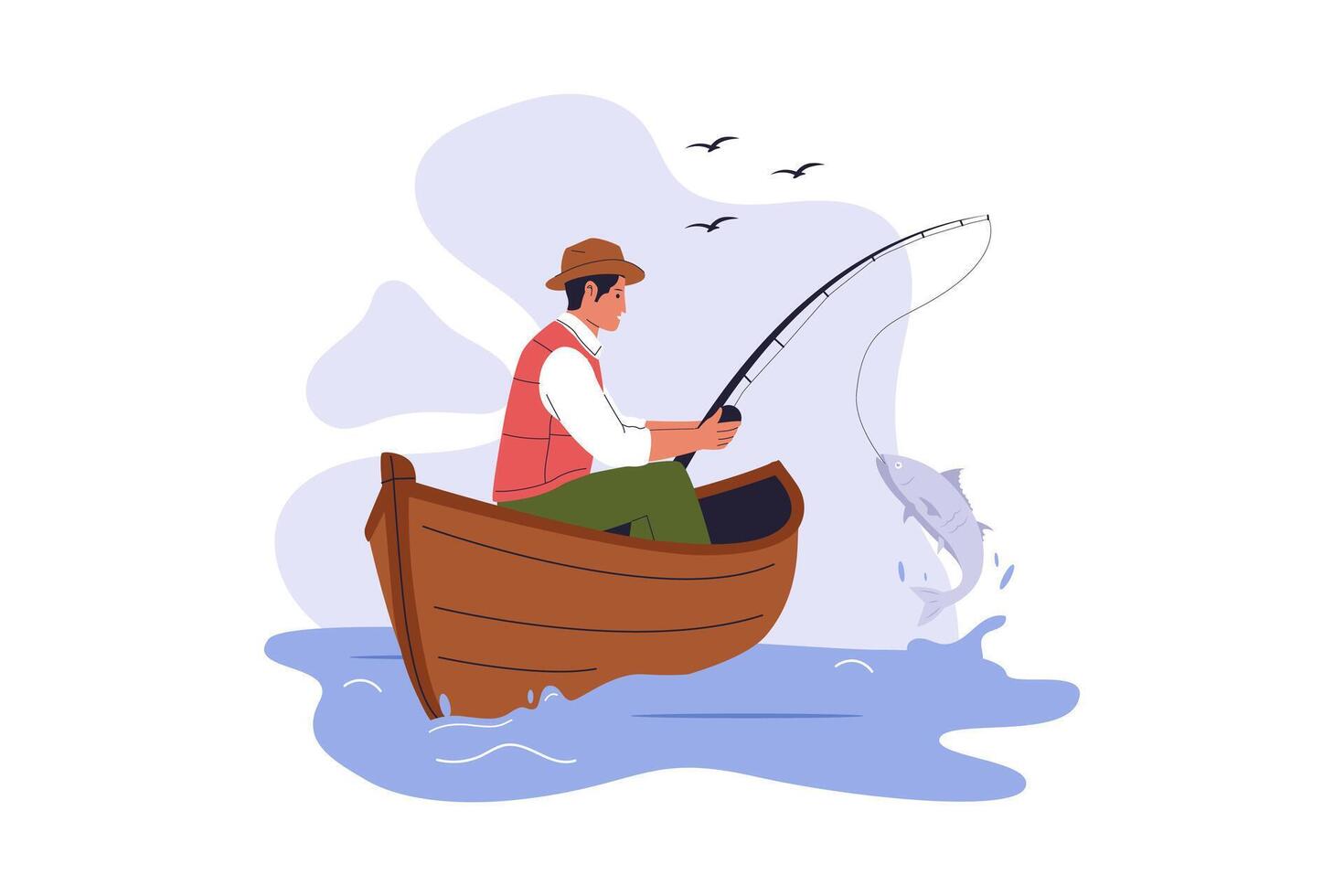 Flat Illustration of Man Fishing on Boat vector