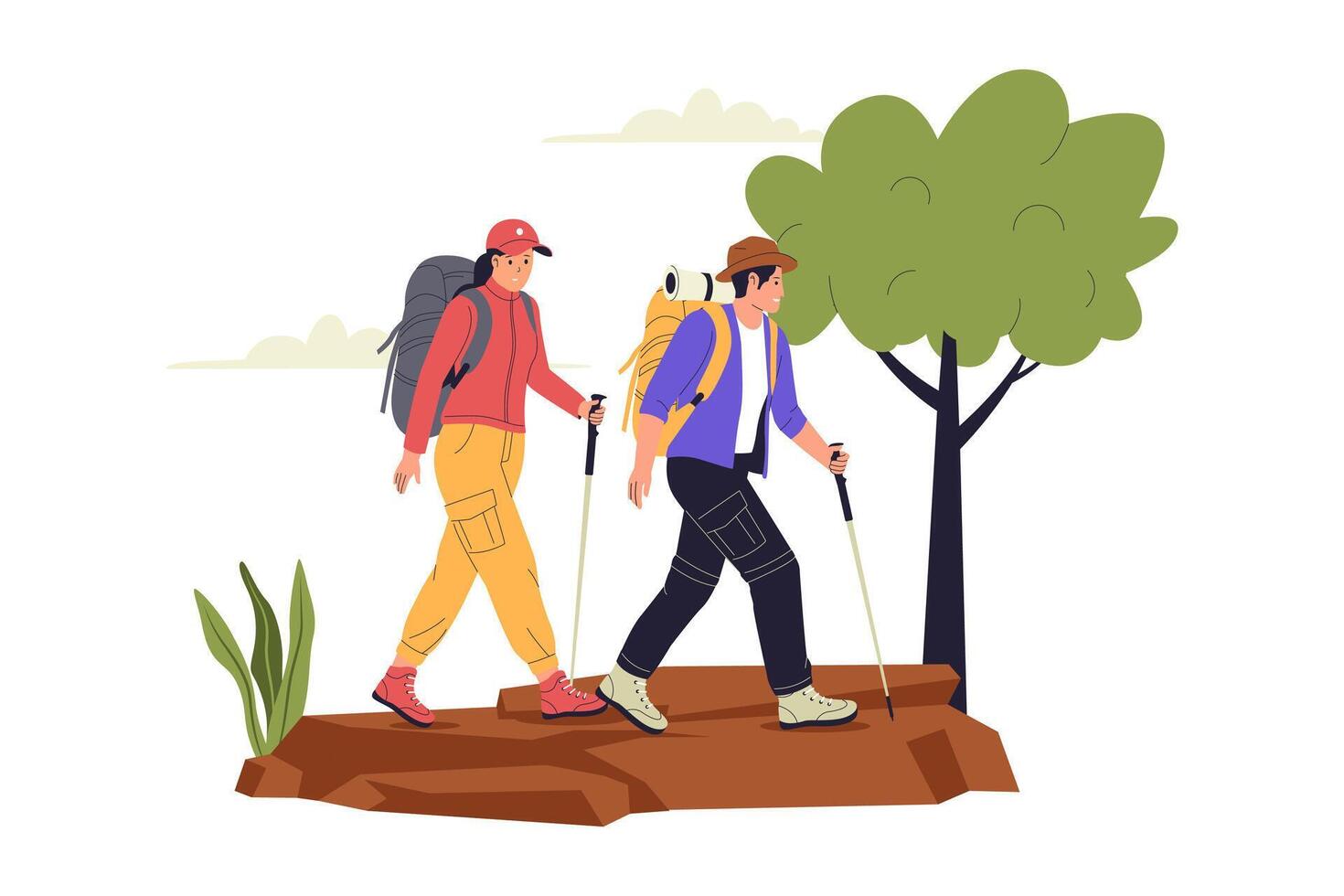 Flat Illustration of Two People Hiking with Backpacks and Trekking Poles in Nature vector